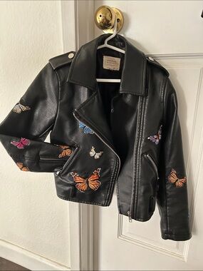Hannah Banana Black Faux Leather Moto Jacket with Multicolor Butterfly Accents